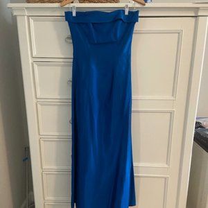Roberta Bridal floor length royal blue satin formal gown, strapless, size 4